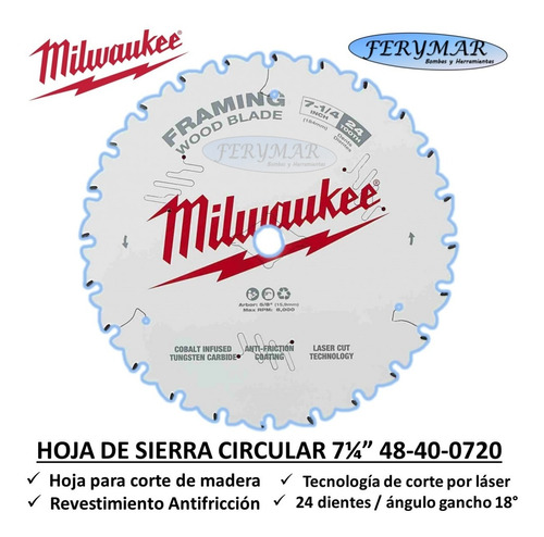 Hoja Sierra Circular Milwaukee 7 1/4 184mm 0720 Madera 24 D Color Blanco
