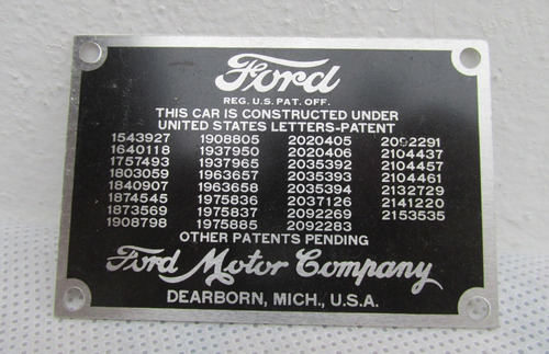Antigua Placa Replica Ford Motor Company, Patentamiento 1 #l