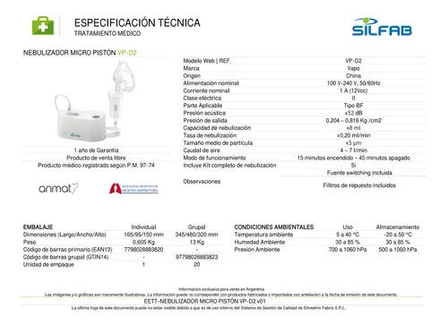 Nebulizador Micro Pistón Vp-d2 Silfab Silencioso Garantia