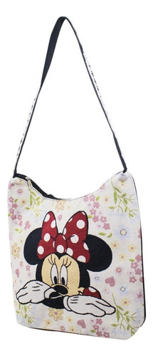 Bolsa Hobo Flores Rosto Minnie Disney 41x41 Cm Acambamento dos ferragens Níquel Cor Branco Cor da correia de ombro Preta e Bege Desenho do tecido Estampa Minnie Mouse e flores