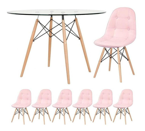 Kit Jantar Eames Mesa 120 Cm Vidro  6 Cadeiras Botonê Cor Rosa