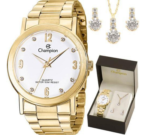 Relógio Champion Feminino Dourado + Kit Semijoias - Cn29025w