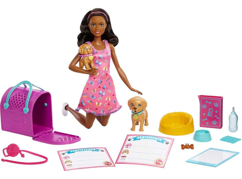 Boneca Barbie Adota Cachorrinhos Negra Com Pet Magico