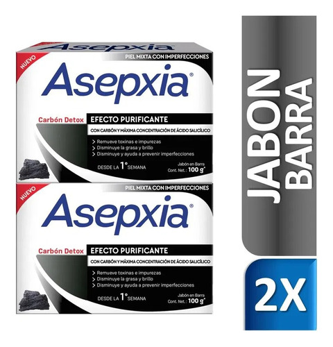 2 Jabones Asepxia Carbón Detox - Barra × 100g.