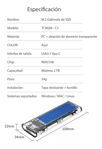 ORICO-carcasa de SSD M2 NVME SATA, herramienta libre de 10Gbps, adaptador  externo transparente M.2 a USB tipo C, compatible con UASP Trim