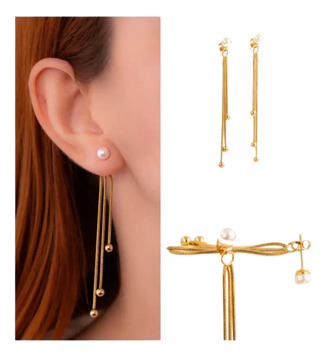 Aretes Largos Perlas Balines En Acero Inoxidable 