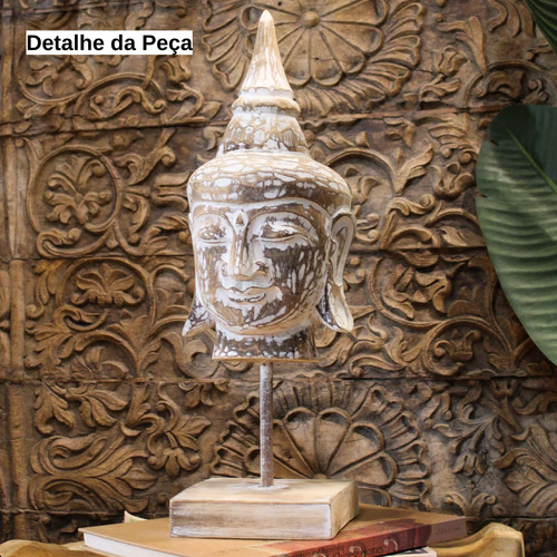 Escultura Cabeça Buda Em Madeira Whitewash Com Base A50cm