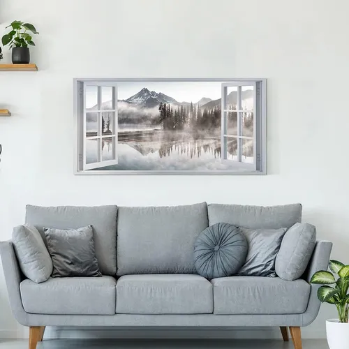 Cuadro De Ventana De Lago Para Pared: Lienzo Estampado De Pa