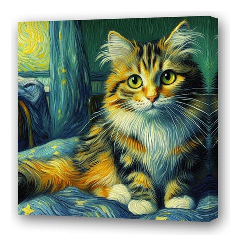 Cuadro 45x45cm Gato Naranja Estilo Van Gogh Muy Tierno