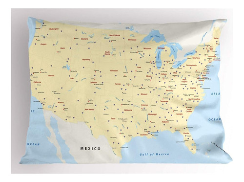 Mapa De Ambesonne Pillow Sham, Estados Unidos Mapa Interesta