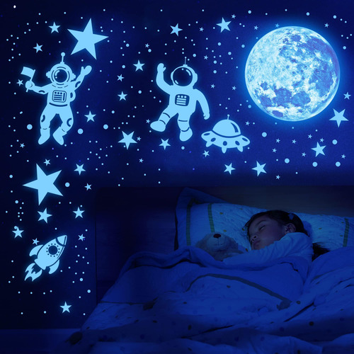Calcomanías De Pared Brillantes Estrellas, Luna Y Astronauta
