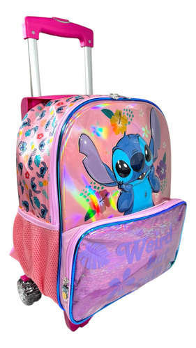 Mochila Con Carrito Stitch Tornasol Primaria Ruz Original Rosa Stitch Tornasol