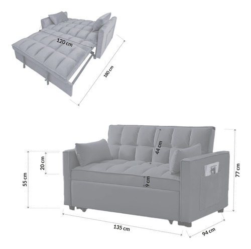 Sofácama Reclinable Convertible Matrimonial Bossa Anders Color Gris Diseño De La Tela Capitonado