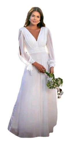 Imagem 1 de 7 de Vestido Branco Noiva Manga Longa Punho Com Laço