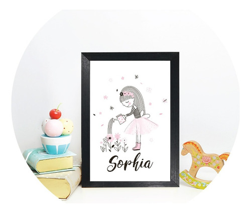 Quadro Infantil Nome Personalizado Flor 22x32cm Mold Preta Cor Rosa Cor da armação -