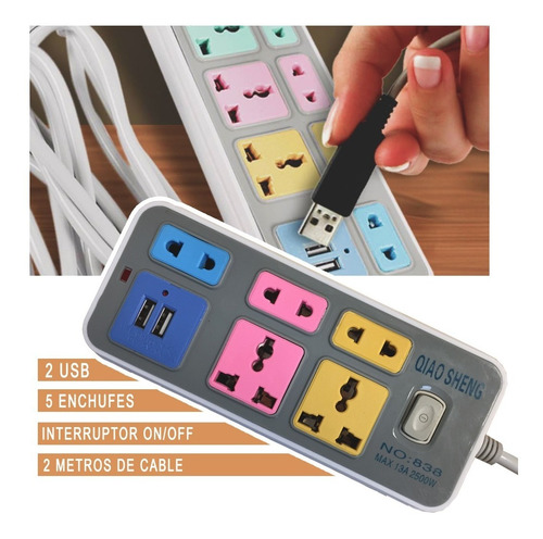 Imagen 7 de 10 de Alargue Zapatilla 5 Enchufes 2 Usb Adaptador Oferta X2 Promo