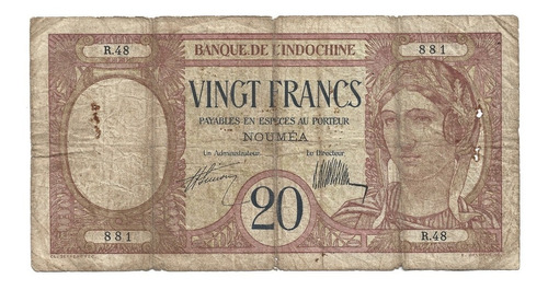 Billete Nueva Caledonia 20 Francs 1929 (territorio Francés)