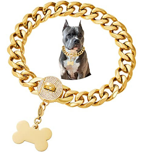 Collar Perro Oro Cuban Link, Bulldog Shepherd Con Hebilla