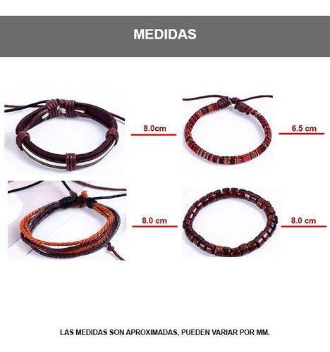 Imagen 5 de 5 de Set De 4 Pulseras De Cuero Madera Y Tela