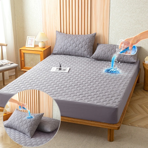 Cubre Colchon Impermeable 3 Capas Funda Almohada Matrimonial Color Gris Diseño De La Tela Liso