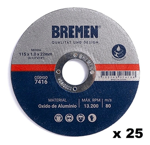 Disco Corte Metal Amoladora 115 X 1mm Bremen Caja X 25 7416