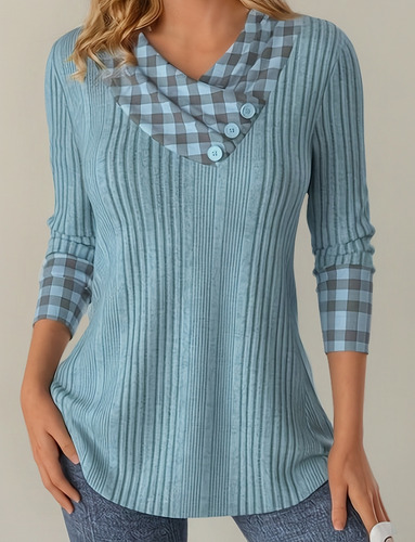 «top De Punto Con Cuello En V Y Cuello A Cuadros Para Mujer,