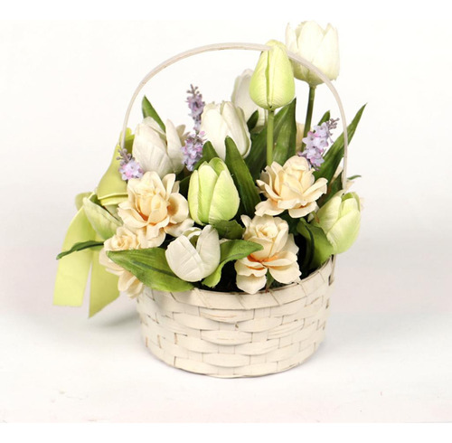 Tulipanes Artificiales En Maceta Con Cesta De Verde Claro