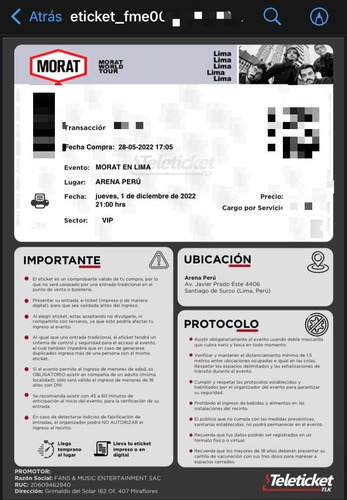 Imagen 2 de 2 de Morat Zona Vip 01 De Diciembre Peru