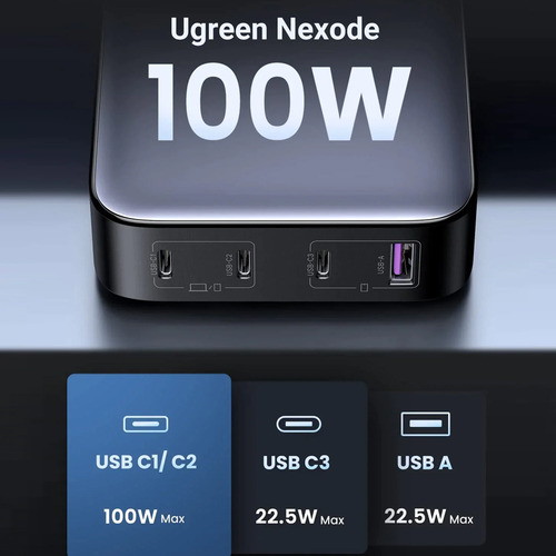 Ugreen Carregador Nexode 100w 3 Usb C Pd Para 1 Usb A Cinza