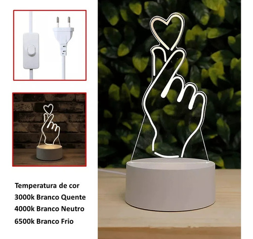 Luminária Abajur Led 3d 3 Niveis De Cores Mão Com Coração
