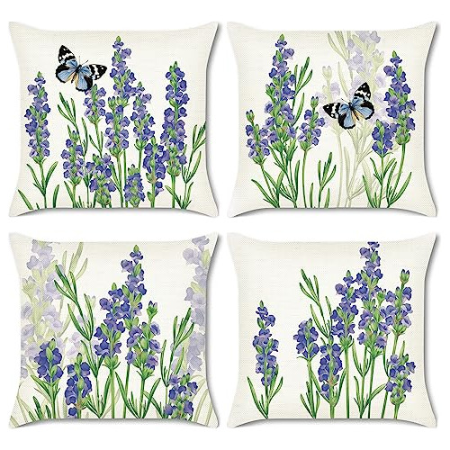 Fundas De Almohada Estampado De Flores De Lavanda Morad...