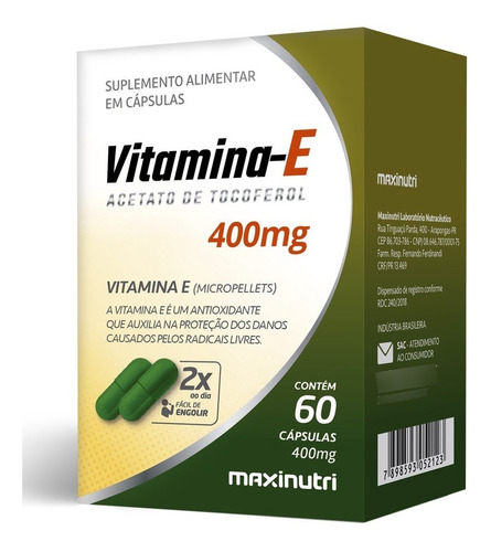Vitamina E 400mg Com 60 Cápsulas Maxinutri