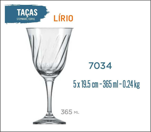 12 Taças Lírio 365ml - Vinho Branco Tinto Rose