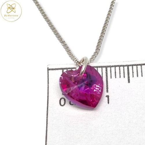 Cadena Plata + Dije Corazon Cristal Swa Fucsia 10mm