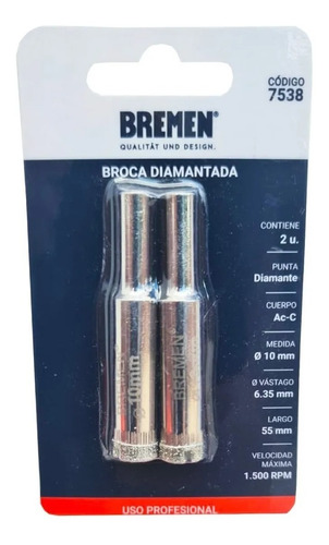 Mecha Broca Diamantada Porcelanato Bremen 10mm X 2 Uni. 7538