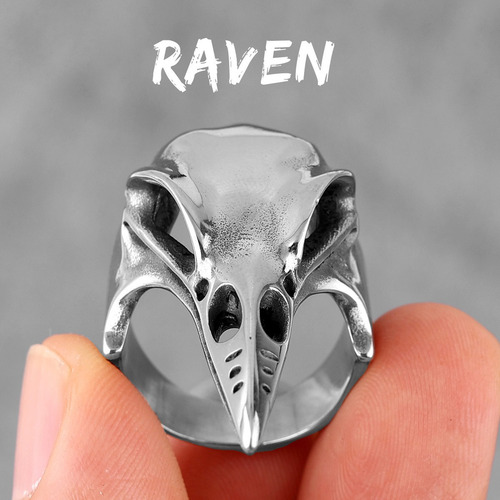 Imagen 2 de 6 de Anillo Acero Inox Craneo Cuervo Plateado