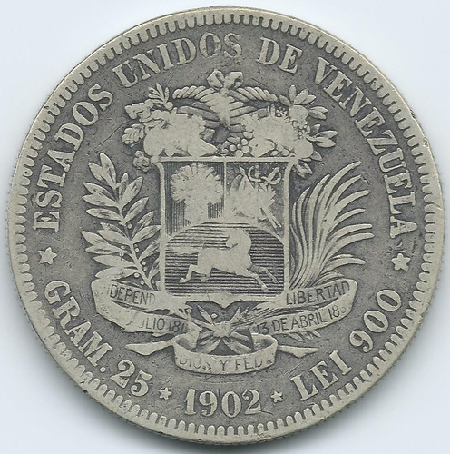 Moneda Fuerte De Plata 5 Bolívares De 1902