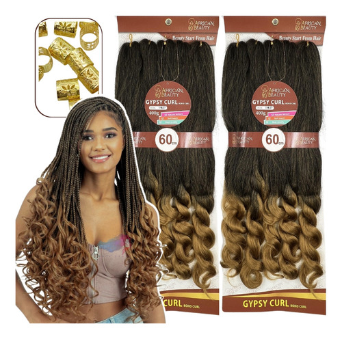 Kit 2 Cabelo Boho Curl Gypsy Braids 400 Gr + Anéis Cor Ombre Mel #t1b/27