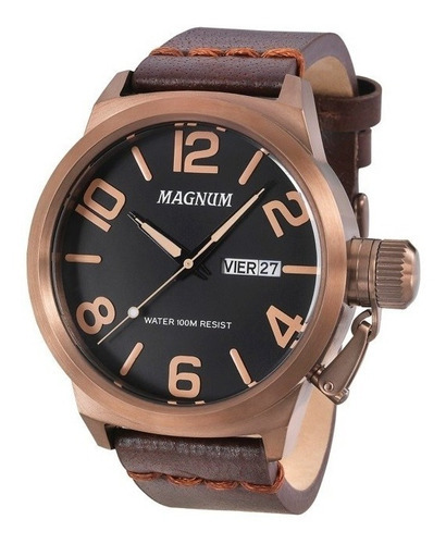 Relógio Magnum Masculino Ma33399r Chocolate Couro Cor da correia Marrom Cor do fundo Preto