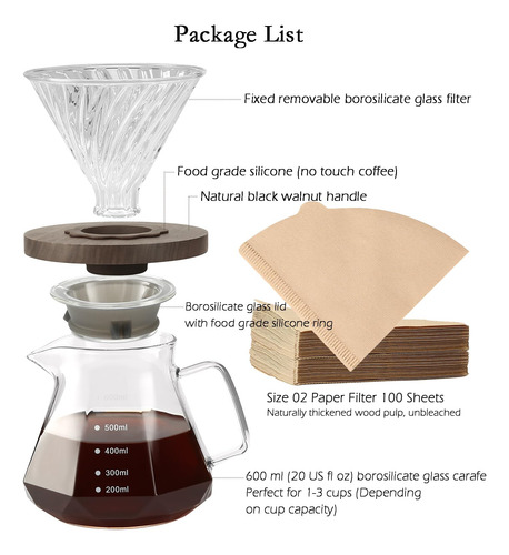 Cafetera Vertida 20oz, Jarra Vidrio Borosilicato 100 Filtros