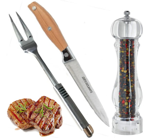 Set De Asado Cuchillo + Tenedor Parrillero Acero + Pimentero