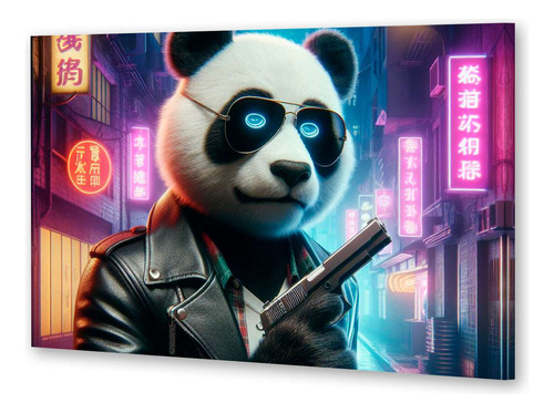 Cuadro Canvas Panda Con Un Arma Ciudad Campera Cuero