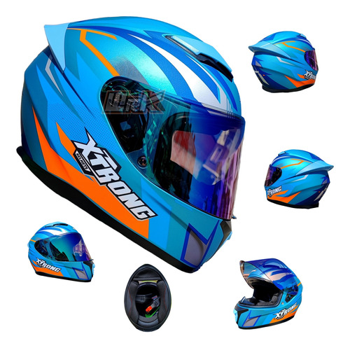 Casco Moto Azul Naranja Mate Ece Certificado Xtrong Deportiv