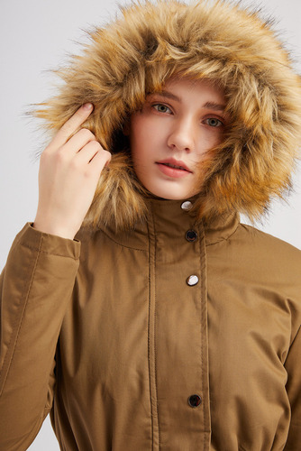 Abrigo Cálido Con Cuello Piel Y Capucha Invierno For Mujer