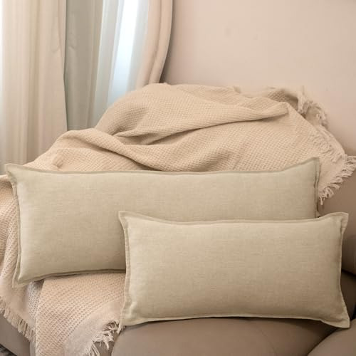 Funda De Almohada Lumbar De Lino Neutro, 30 X 60 Cm, Decorac