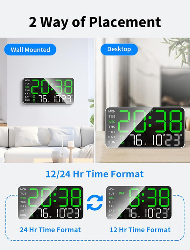 Reloj Digital De Pared Con Calendario Termómetro Y Alarmas