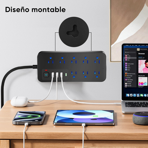 Multicontacto De 8 Tomas Con Usb Color Negro Largo Del Cable De 2m 10a