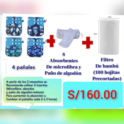 Pack De 4 Pañales De Tela Ecológicos Reutilizables 