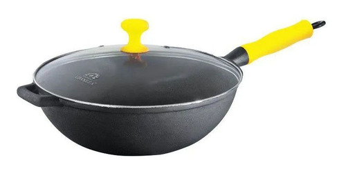 Panela Wok Ferro Fundido Tampa Vidro Cabo Silicone Amarela