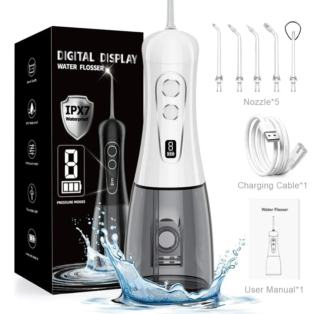 Irrigador Oral Portátil Ipx7 De 400ml Com Jato Forte Pulsado 8 Modos, 5 Bicos,Bivolt Para Limpeza Bucal E Prótese Dentária Branco